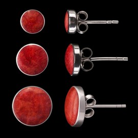 Fly Style 925 Silver Stud Earrings with Shell Inlays, 8 Models, 6 to 12 mm Wide, Silver, red