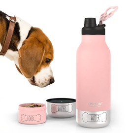 Asobu Dog Buddy Bottle a Stainless Steel Insulated Water Bottle for a Human with 2 Removable Dog Bowls for Water, Food, and Treat Storage – 34 Ounce (Pink)