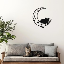 TYLCC Cat & Moon Decor, Modern Starburst Metal Moon Phase Wall Decor for Living Room Bedroom Bathroom Kitchen Office Gallery, Ideal Gifts for Women, Black