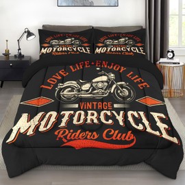 Pamnest Comforter Set Full Size, Live Vintage Motorcycle Soft 3 Pcs Bedding for Kids and Adults, Bike Retro Race Comforter Set with Pillowcase, for Bedroom Bed Decor