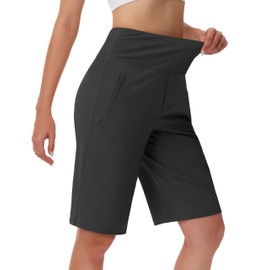 MIVEI - Bermudas largas de 12 pulgadas para mujer, con bolsillos con cierre, cintura alta, control de abdomen, longitud hasta la rodilla, para mujer, verano casual, Negro -, M