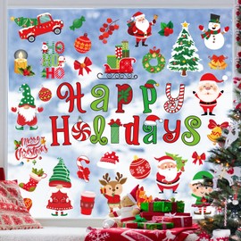Whaline 9 Sheets Christmas Window Cling Stickers Xmas Red Green Cartoon Reusable Window Decals for Holiday Party Home Office Classroom Decoration