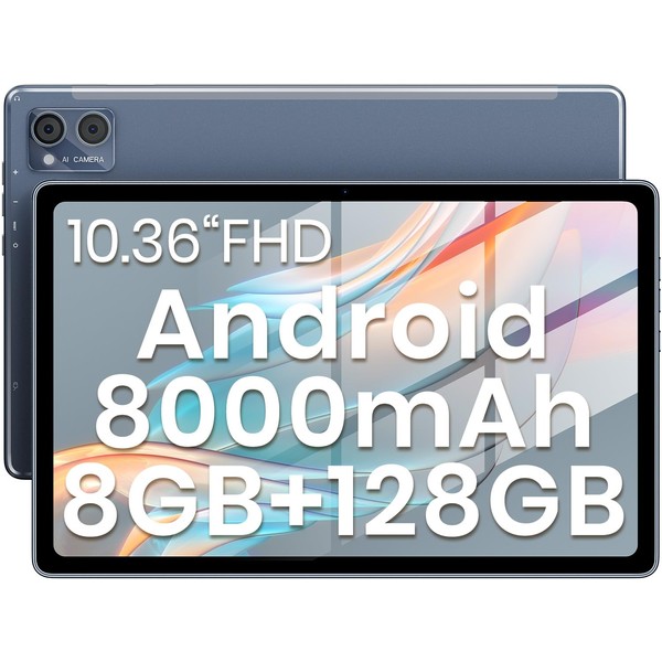 2024 Latest Tablet 10.36 Inch Android 12 with 8(4+4) GB RAM + 128GB ROM (1TB TF), Octa-Core, 8000mAh, 2000x1200 FHD, 5G + 2.4G WiFi, GPS, Bluetooth 5.0, Google GMS, 13+5MP Camera, OTG, Type C, Grey