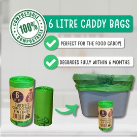Eco Green Living Disposable Bin Liners, Designed to Break Down Naturally Leakproof, Strong Food Waste Bin Bags 1.59 Gallons, 30 Bags 6 Pack