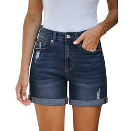 Vetinee Women's Jeans Shorts Ripped High Waist Summer Baggy Shorts, Evening red blue, L
