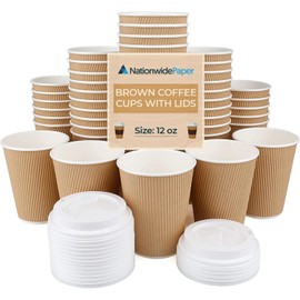 Nationwide Paper Ripple Takeaway Paper Coffee Cups with Lids - [30 Cups, 12 OZ] - Ideal for Tea, Coffee, and Hot Water - Disposable - Triple Heat Insulated - for Office Use - Kraft Brown
