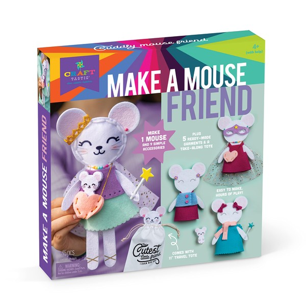 Craft-tastic – Make a Mouse Friend – Craft Kit Makes 1 Easy-to-Sew Stuffie with Clothes & Accessories – Bonus Travel Tote Included – Creative Arts & Crafts Project – Fun & Unique Gift for Kids