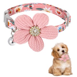 Small Dog Collar with Flower, Cute Rhinestone Flower Girl Dog Collars with Bell, Adjustable Cat Collars for Girl Cats (Pink)