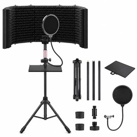 Temgcuam 6-Panel Wraparound Microphone Isolation Shield with Adjustable Stand, Foldable Reflection Filter for Recording, Podcasting, Vocals & Streaming
