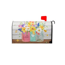 Hello Spring Floral Magnetic Mailbox Cover, Standard Size 21x18 Inch, Tulip Daffodil Mailbox Wrap, Colorful Watercolor Spring Mailbox Cover for Outdoor Yard Garden Decor.