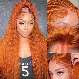 Ginger Wig Human Hair 32 Inch 13x6 HD Frontal 200 Density Deep Wave Ginger Orange Lace Front Wigs Human Hair Pre Plucked Curly Human Hair Wig Glueless Wet And Wavy