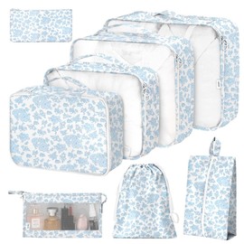 8 Set Packing Cubes for Suitcases,Packing Cube with Shoe, Cosmetics, Clothing, and Accessories Bags Packing Cubes for Travel Luggage Organizer Women Men(Blue Flowers)