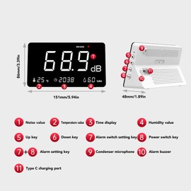 Sound Level Meter, 30-130db 4 in 1 Noise Decibel Meter, Large Time Display Temperature and Humidity Meter with Alarm for Classrooms Studios Hospitals Factories