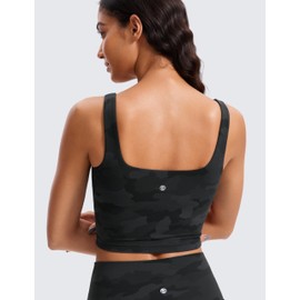 CRZ YOGA Butterluxe Womens Square Neck Longline Sports Bra - Workout Crop Tank Tops Padded Yoga Camisole with Built in Pads Dark Grey Camouflage 2 Small