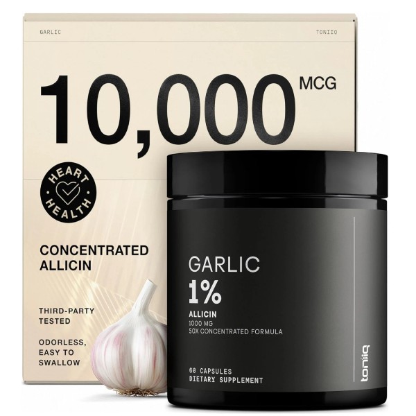 Toniiq Garlic Capsules with 10,000mcg Allicin - Odorless - 50:1