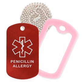 Penicillin Allergy Medical Alert ID Necklace with Red Tag, Pink Silencer, and 30'' USA Chain - 154 Color Choices