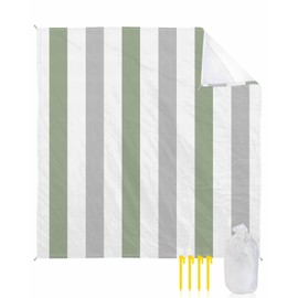 Modern Art Beach Blanket Waterproof Sandproof 118"x108", Gray Sage Green Stripes Oversized Beach Mat with 4 Corner Sand Pocket & 4 Stakes, Compact Outdoor Picnic Mat for Camping Travel Festivals