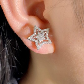 Dainty 925 Silver Star Earrings Geometric Cubic Zirconia Star Stud Earrings Hypoallergenic Crystal Post Earrings Jewelry Presents for Women Wife (Silver)