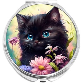 NewCharms Watercolor Kitty Cat Kitten Compact with Mirrors - Perfect Pocket and Purse Size Folding Mirror for Applying Make Up Anywhere