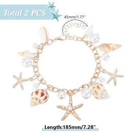 HOBBIESAY 2Pcs 18.5cm Shell Bracelet Starfish Bracelet Ocean Life Bracelets Boho Summer Beach Bracelets Beach Jewelry with Pearl Alloy Golden for Women Summer Souvenirs Jewelry Gift