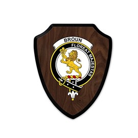 HARD EDGE DESIGN Family Coat of Arms Heritage Shield Plaque, Scottish Clan Crest Badge Broun with Dark Wood Background