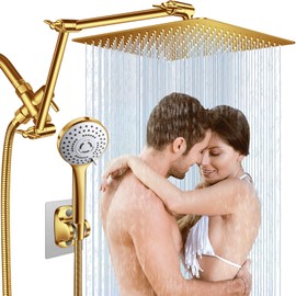 12'' Gold Rain Shower Head, High Pressure Rainfall Shower Head with 16 inch Adjustable Extension Arm，Flexible Adjust Height and Angle, 5 Setting Spray Handheld Shower Head, Anti-leak
