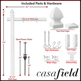 Casafield 72" x 47" Real Estate Sign Post for Open House and Yard Sale Signs with Flat Cap and Gothic Cap Options - Vinyl PVC - White