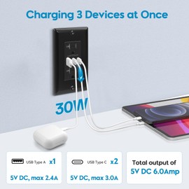 ECOELER USB C Wall Outlets, 3-Ports USB Charger Wall Socket, 20 Amp TR Receptacle Plug, 6.0A Electrical Power Outlet with Type A & Type C Ports, Wall Plate Included, ETL Listed, Black, 4Pack