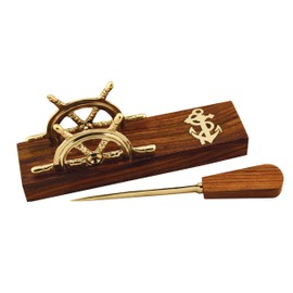 NKlaus Letter Opener and Business Card Holder Made of Wood/Brass, 22 x 5 x 7.5 cm - Nautical Office Decoration, Functional 15982