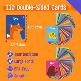 110 PCS Early Learning Flashcards, Double Sided Cards- Alphabet, Numbers, Foods, Animals, Shapes, Colors, Home Object with 4 Reclosable Rings, Learning Tool for Pre-K Kindergarten Toddlers