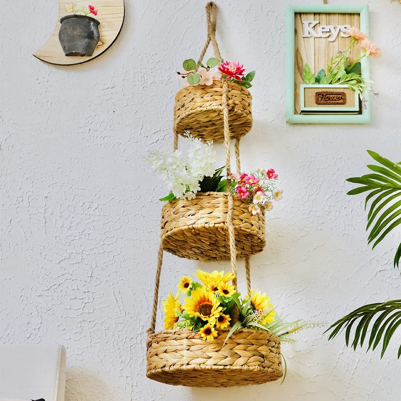 3 Tier Hanging Fruit Basket, Handmade Natural Water Hyacinth Wall