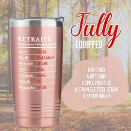 Retirement Gifts for Women in French 2024, Retirement Weekly Schedule French, Cadeaux de Retraite, Insulated 20oz Stainless Steel Travel Tumbler with Lid, Gift Box Included, Rose Gold
