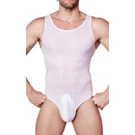 AIEOE Men's Striped Bodysuit Sleeveless One-Piece G-String Body Transparent Compression Singlet Lightweight Vest, White, XL