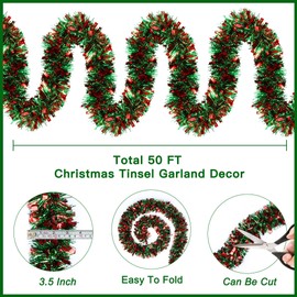 50FT Red Green Christmas Tinsel Garland Metallic Twist Shiny Garland for Christmas Tree Decorations, Xmas Holiday Hanging Garland for Home Mantle Stair Indoor Outdoor Christmas Party Supplies Decor