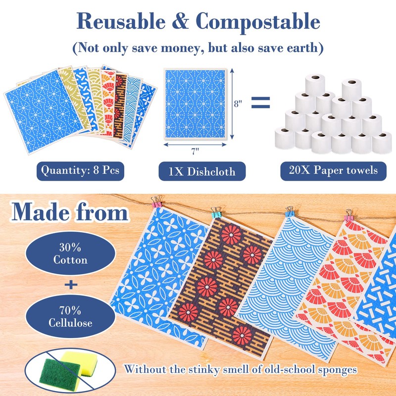 8 Pack Swedish Dishcloths for Kitchen, Reusable Dish Cloth Kitchen