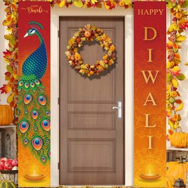 Happy Diwali Porch Banner,Indian Diwali Peacock Front Door Porch Welcome Sign Deepavali Festival of Lights Decorations for Home Doorway-12×71'' (Orange 2)