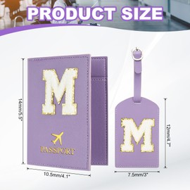 PATIKIL Passport Holder for Travel, Initial Passport Cover and Luggage Tag Set with Alphabet Chenille Letter Patch Travel Wallet Bag Suitcase Identifier for Women Family Travel Purple M
