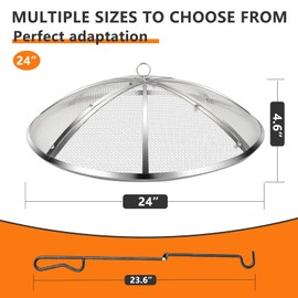 24 Inch Fire Pit Spark Screen,Stainless Steel Fire Pit Screen Cover with Handle&Poker,Outdoor Fire Pit Screen Cover Round Mesh Lid Heavy-Duty for Backyard/Beach/RV Camping