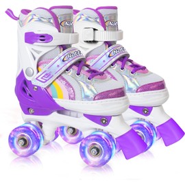 Girls Roller Skates for Big Kids ages6-12 7 8 9 10, 4 Size Adjustable Rainbow Quad Skates with All Light Up Wheels - Best Birthday Gift for Outdoor Sports