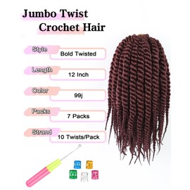12 Inch Bob Jumbo Senegalese Twist Crochet Hair 7 Packs Havana Twists Crochet Braids for Black Women Pre Looped Kinky Crotchet Hair 2 Strand Twists Braids (12 Inch 99J- Black Burgundy)