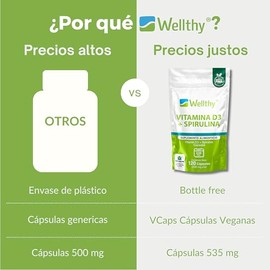 Wellthy Vitamina D3 400 unidades + Espirulina 120 Cápsulas. Reforzado con 535mg de Espirulina, VCaps Cápsulas Veganas. Bottle Free.