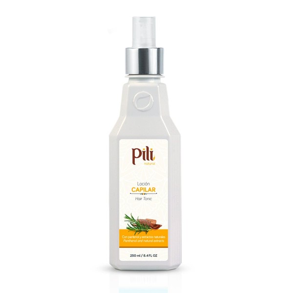 Pili Natural Hair Tonic contains panthenol, rosemary, quinine, arnica and calendula extracts that help to strengthen and nourish the hair follicles preventing hair loss and stimulating hair growth.
