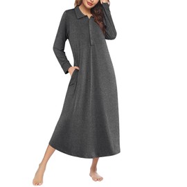 Ekouaer Nightgowns for Women Long Sleeve Sleepshirt Button Nightshirt Plaid Full Length Sleepwear with Pockets S-XXXL Dark Grey XXL