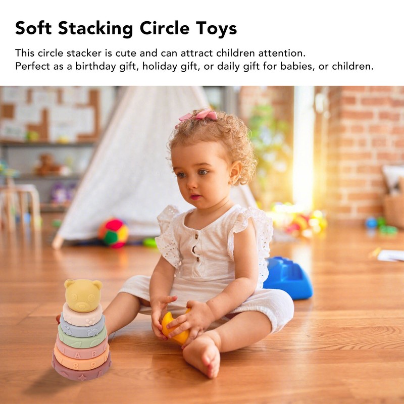 6 Pcs Soft Sensory Stacking Circle Toys with Bear Stacker
