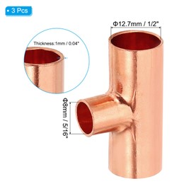 PATIKIL 1/2" x 5/16" x 1/2" ID Reducing Tee Copper Fitting, 3pcs 99.9% 3 Way Pure Copper Pipe Tube Connector Adapter Reducer with Sweat Solder Connection for HVAC Refrigeration System