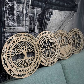 4 Pieces Viking Wooden Wall Decor Tree of Life Wall Art Nordic Viking Runes Amulet Wall Decor Wooden Viking Warship Home Decor Can Be Graffiti, Ready to Hang Living Room