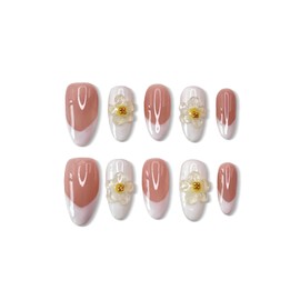 Handmade Press on Nails Medium Almond Fake Nails White 3D False Nails Luxury Elegant Flower Full Cover Stick on Nails Glue on Nails Floral Nails Acrylic Nails for Women Girls (Clear White S)