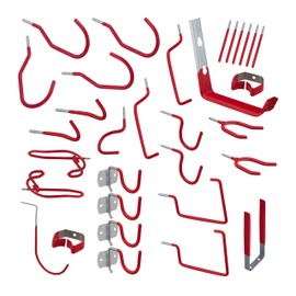 Relaxdays Wall Hooks 32-Piece Set, Tool Wall Mount Garage, Steel, Rubberised, Garden Tool Holder, Workshop, Red