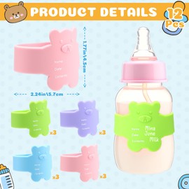 LemonRoad 12 Pcs Bottle Labels Daycare Reusable, Bear Pattern Waterproof Silicone Baby Bottle Labels Sippy Cup Bands Baby Name Tags Daycare(Light Color)