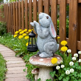Solar Powered Bunny with Star Lantern Resin Sculpture, Fluffy Gray Rabbit Holding Light up Night Light, Outdoor Garden DecorColor: As picture, Size: One Size
